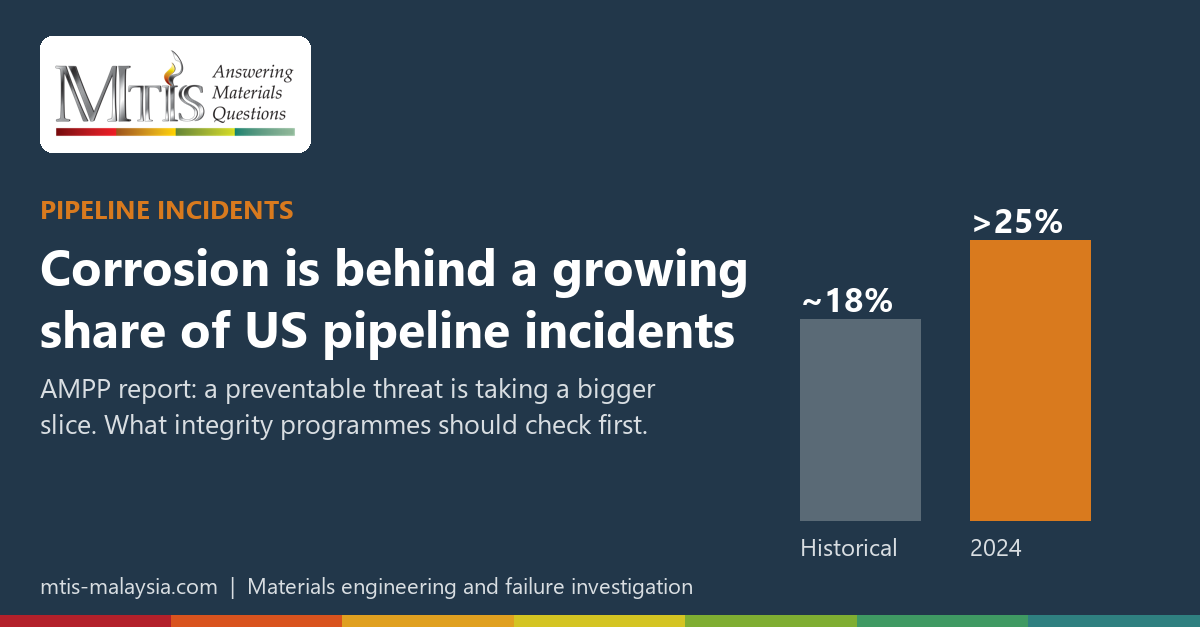 Pipeline incidents: corrosion is behind a growing share of US pipeline incidents, about 18% historically and more than 25% in 2024.