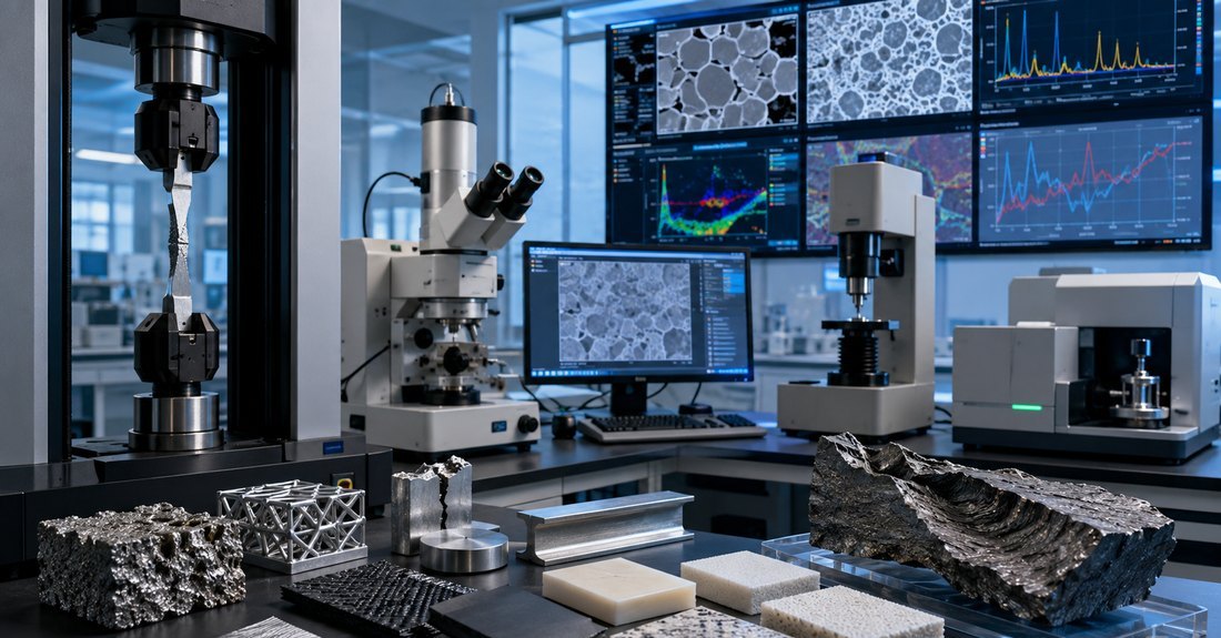 Materials testing laboratory: a tensile specimen under load in a test frame, an optical microscope and a hardness tester, with micrographs and spectra on screen