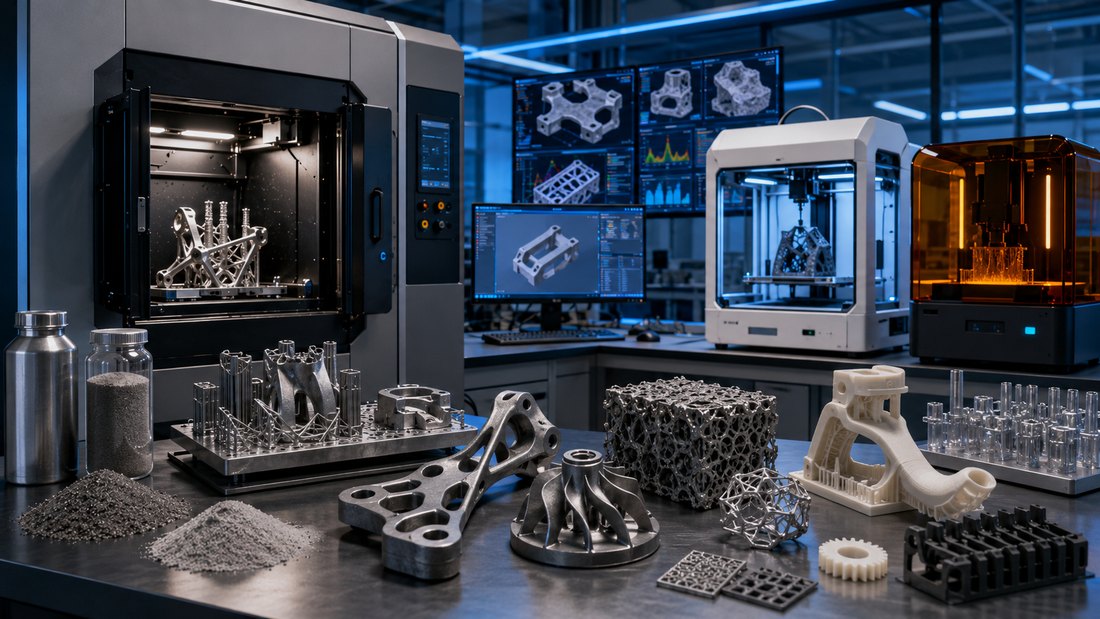 Additive manufacturing laboratory with metal and polymer printers, metal powder feedstock and printed lattice and topology-optimised components
