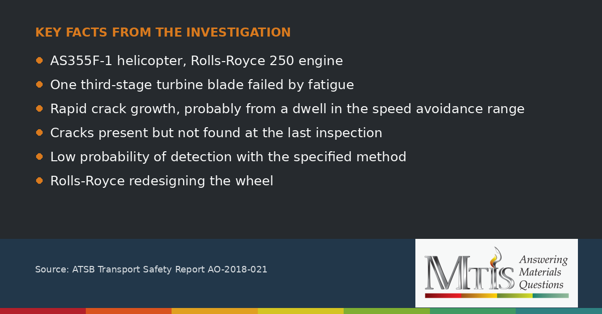 Key facts: AS355F-1 helicopter, Rolls-Royce 250 engine; One third-stage turbine blade failed by fatigue; Rapid crack growth, probably from a dwell in the speed avoidance range; Cracks present but not found at the last inspection; Low probability of detection with the specified method; Rolls-Royce redesigning the wheel